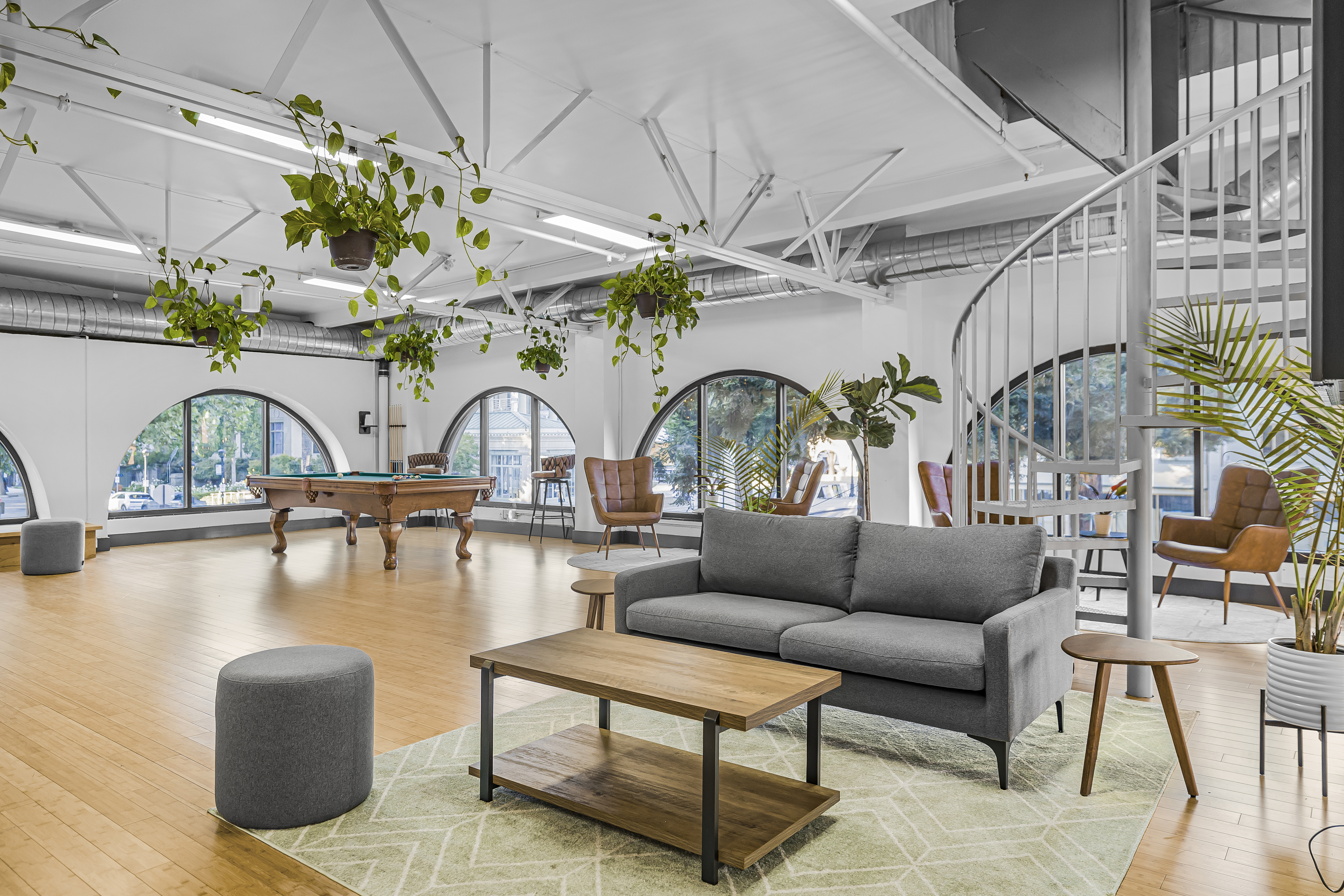 Sunlight pouring through floor-to-ceiling windows across a furnished loft space