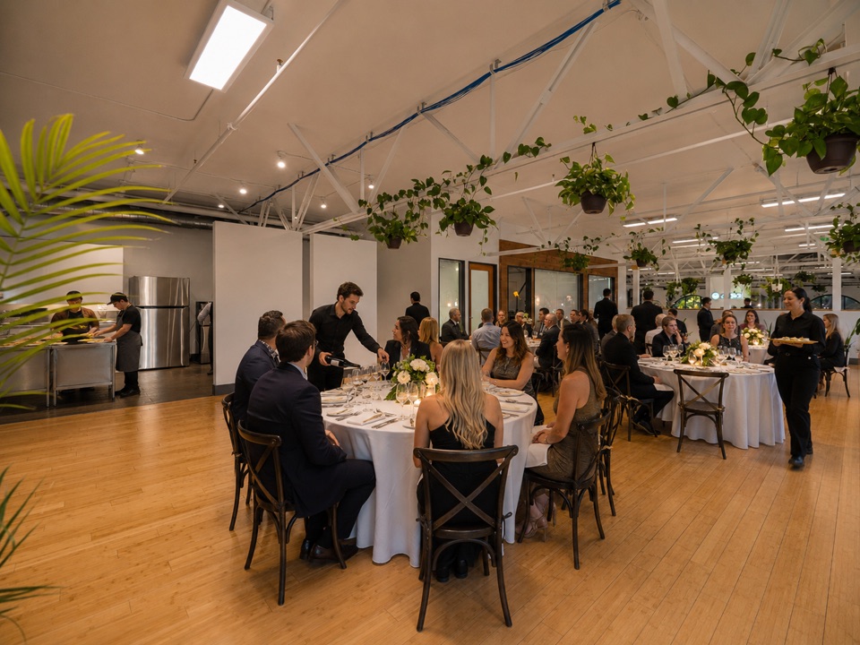 Guests seated at round tables set for a formal dinner in the loft