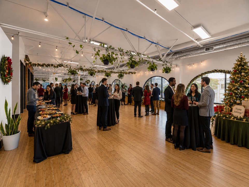Guests mingling at a decorated holiday party in the loft