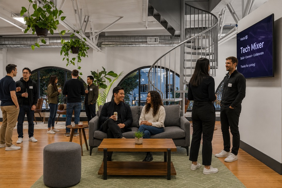 Guests mingling and chatting on couches at a networking mixer in the loft