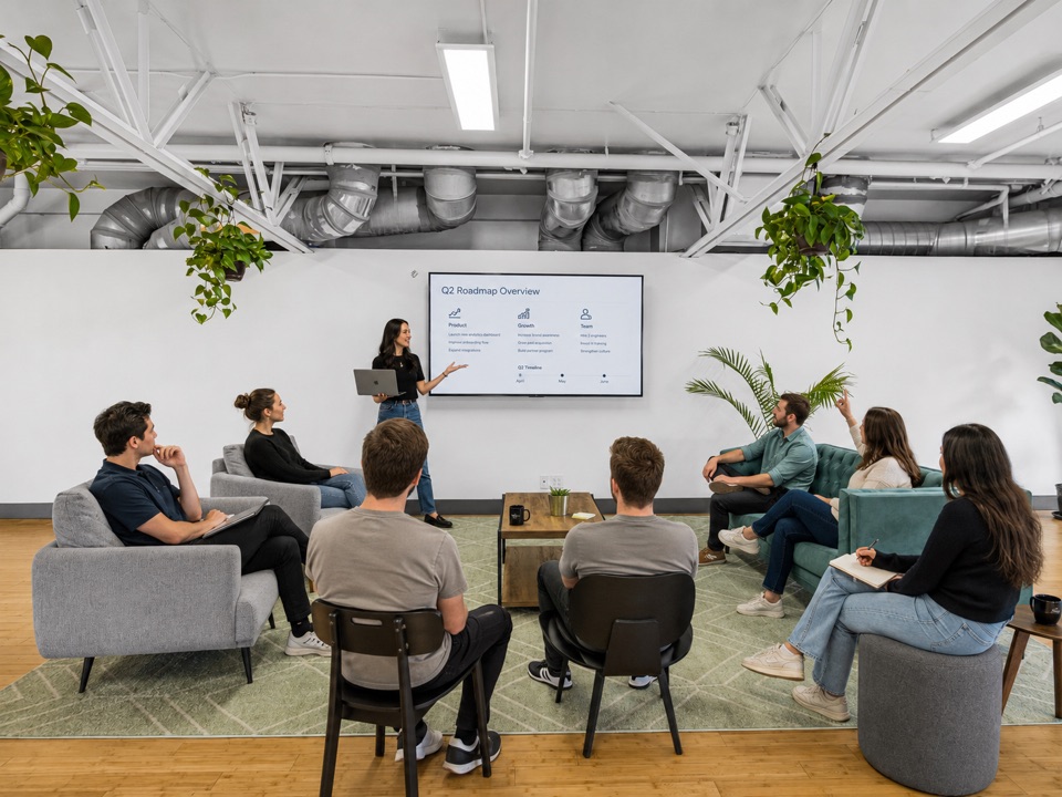 A speaker presenting a Q2 roadmap to a team seated in the loft