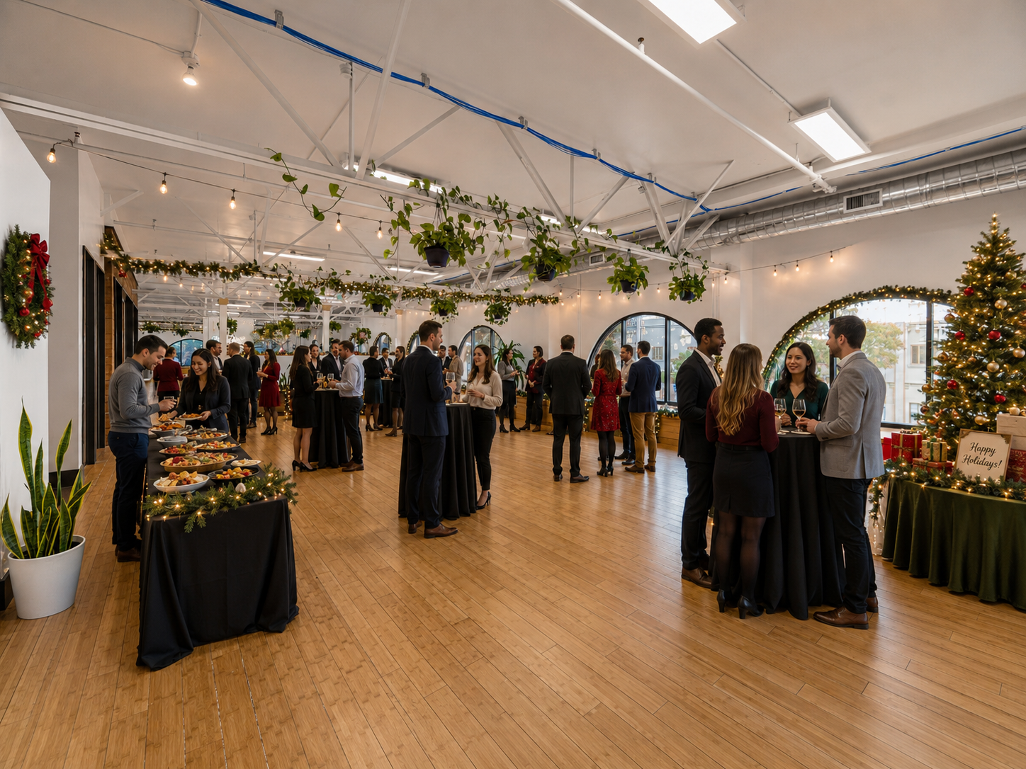 Guests mingling at a decorated holiday party in the loft