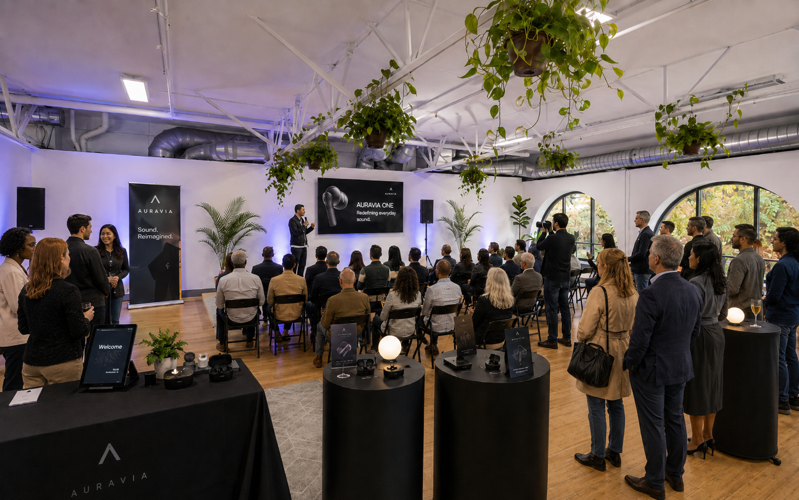 A presenter speaking to a seated crowd at a product launch event in the loft